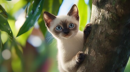 Balinese Kitten Climbing a Tree in the Garden