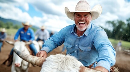 Fototapeta premium An energetic cowboy in a blue shirt rides a bull with excitement, surrounded by fellow cowboys and running cattle under a bright sky, capturing the essence of ranch life.