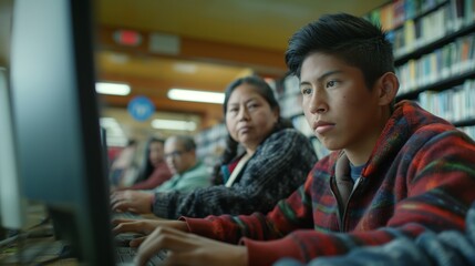 Latin american teen assisting parents with technology in library setting