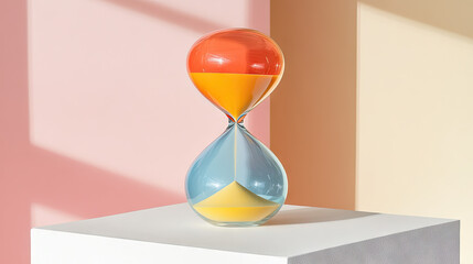 An hourglass with multicolored sand layers, set on a white surface with pastel-colored background, symbolizing creativity and diversity. --chaos