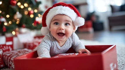 A joyful baby wearing a Santa hat smiles happily while lying inside a red gift box, surrounded by Christmas decorations and a glowing tree in the background.