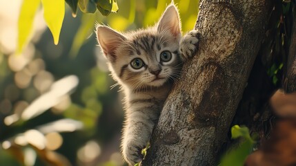 Balinese Kitten Climbing a Tree in the Garden