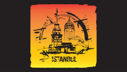 The Maiden's Tower (Kiz Kulesi) and Galata Tower. Istanbul, Turkey city design. Hand drawn illustration.
