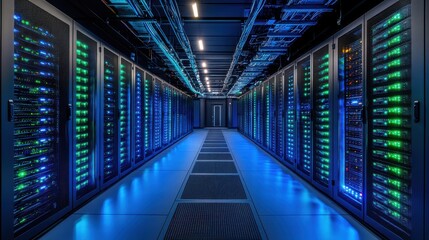 Fototapeta premium A high-tech server room filled with rows of illuminated servers, showcasing a blend of blue and green lights. The organized space highlights advanced technology and efficient data management systems.