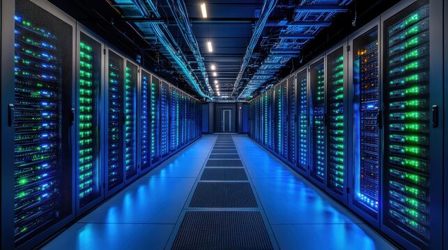 A high-tech server room filled with rows of illuminated servers, showcasing a blend of blue and green lights. The organized space highlights advanced technology and efficient data management systems.
