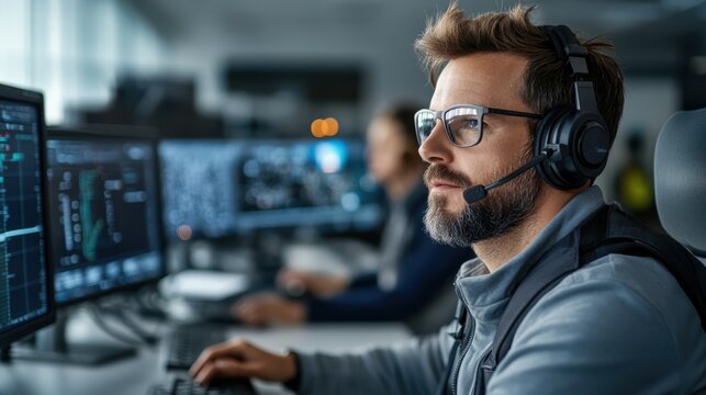 A male professional in a tech hub environment, wearing a headset and engaged with multiple data screens, highlighting focus and technological proficiency.