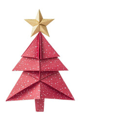 Fototapeta premium Colorful origami Christmas tree with a golden star, isolated on white, representing a fun and festive design. 