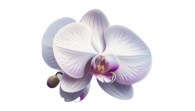 A white orchid with soft purple highlights - The orchid is fully open, with curved, elegant petals. The intricate details of the flower's center are highlighted, all against a transparent background.