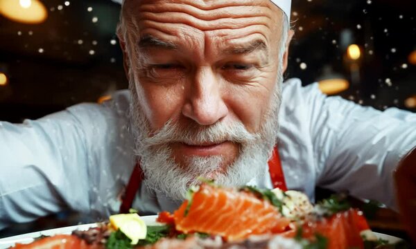 Masterchef prepares exquisite salmon dish in cozy restaurant kitchen during winter