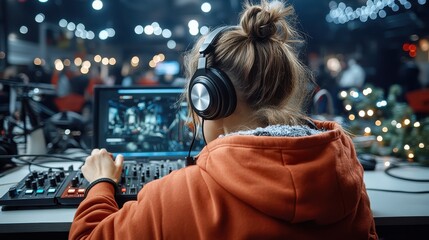 A young individual using headphones and adjusting a sound mixer, surrounded by a lively and spirited environment, representing creativity in modern music culture.