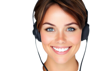 Smiling woman with headset, isolated on white, representing customer service and communication.
