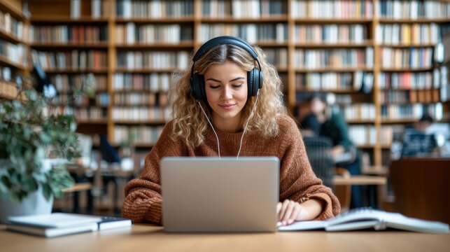 A young woman in a cozy sweater and headphones focuses on her studies using a laptop in a warmly-lit library, surrounded by shelves of books and open notebooks.