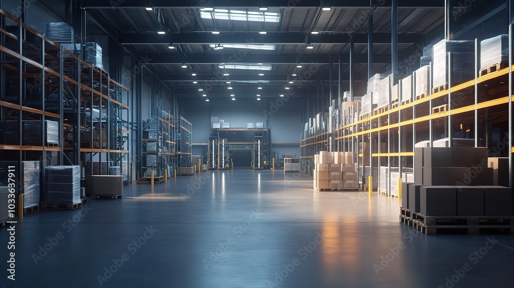 Poster Warehouse Interior with Shelves and Pallets