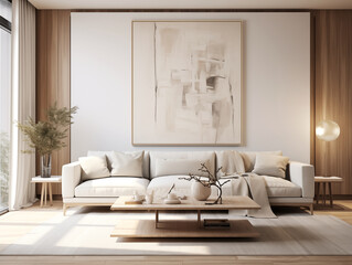 Modern living room interior with wood panneling walls un natural color. Nature inspired interior with large artwork and autumn accent colors