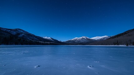A serene winter landscape under a starry night sky, featuring a frozen lake and snow-capped mountains.
