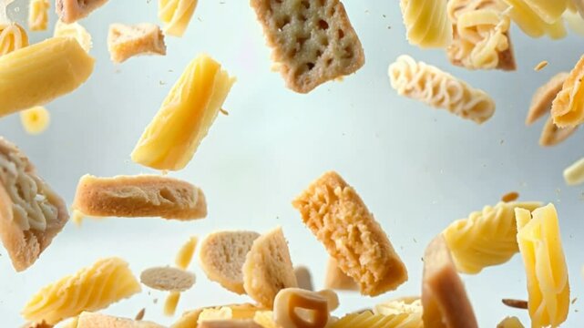 Pasta and Bread Heaven: A captivating image of various pasta shapes and bread pieces frozen mid-air, creating a dynamic and delicious visual spectacle.