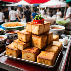 Golden, crispy deep-fried tofu stacked high on a street vendor’s tray, with spicy chili sauce dipping bowls in the foreground.