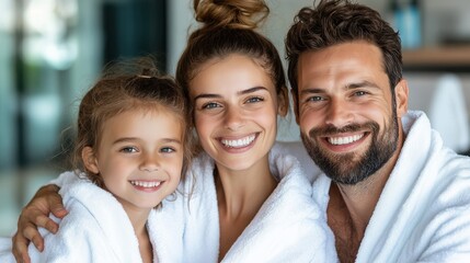 Fototapeta premium A smiling family of three, with their daughter, is captured in a warm embrace while dressed in soft white bathrobes, embodying love and unity in their home.