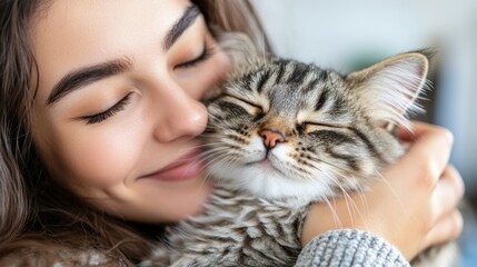 A woman gently embraces her cat, both with contented expressions, highlighting the bond and affection shared between humans and their pets in a cozy setting.