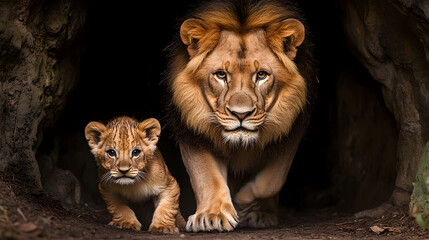 Löwe und Löwenjunges treten gemeinsam aus einer Höhle