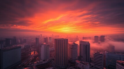 Fototapeta premium A stunning sunrise over a city skyline, casting vibrant colors and soft fog across modern buildings.