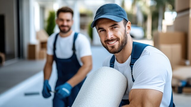 Two smiling movers dressed in blue overalls carry a large rolled-up carpet on moving day. Their teamwork and positive energy set the tone for the home transition.
