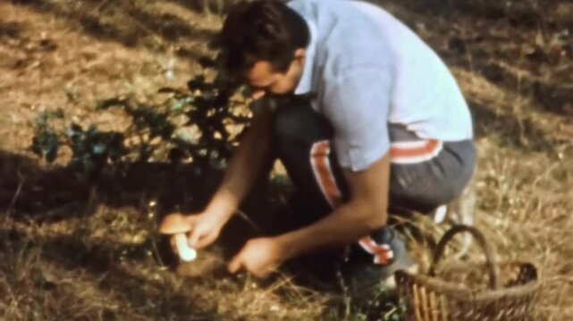 Smiling man picking edible mushrooms in autumn forest. Man happy to pick wild mushrooms. Natural entertainment in nature. Seasonal fall hobbies outdoors. Vintage color film. Retro 1980s archive