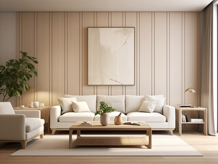 Fototapeta premium Modern living room interior with wood panneling walls un natural color. Nature inspired interior with large artwork and autumn accent colors