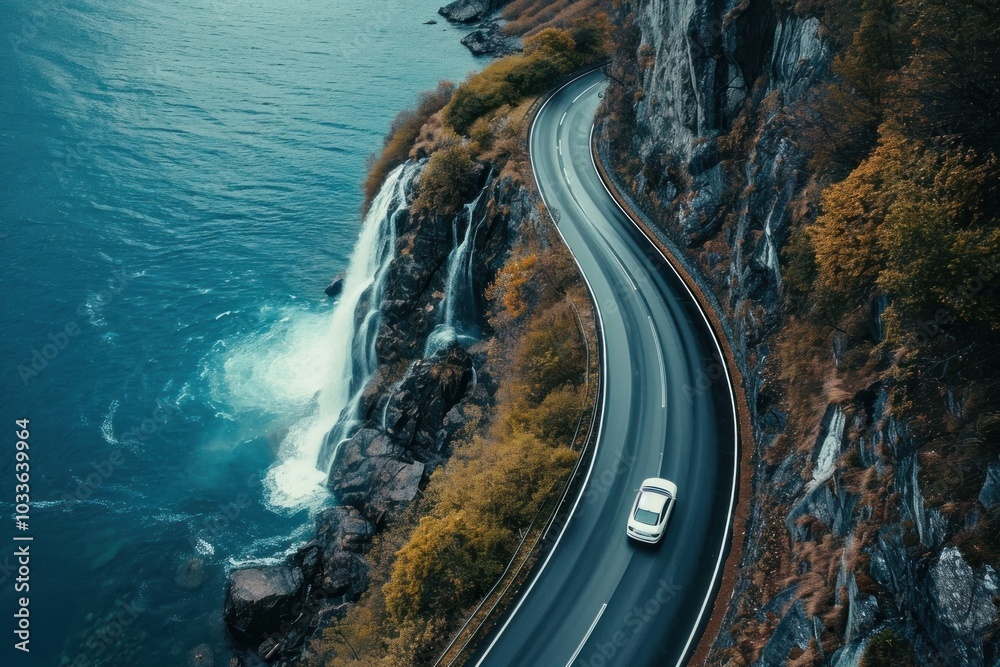 Canvas Prints Scenic mountain road with car sea outdoors vehicle.