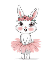 A hand-drawn illustration of a cute bunny with a floral crown on its head. The bunny is wearing a pink tutu
