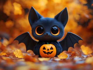 Naklejka premium A delightful Halloween illustration showcasing a cute bat with large, glowing eyes holding a tiny carved pumpkin. Surrounded by vibrant autumn leaves