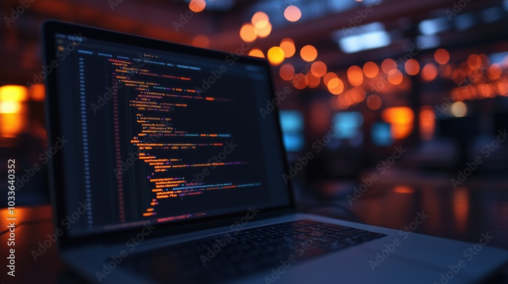Poster code displayed on laptop screen, warm bokeh background, programming environment