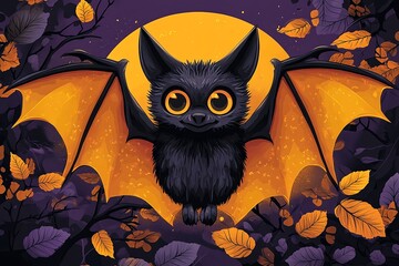 A cute black bat with large glowing orange eyes is flying in front of a full yellow moon, surrounded by purple leaves and branches in a whimsical Halloween setting