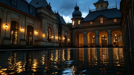 Obraz premium A serene courtyard with illuminated architecture reflecting in water at dusk.