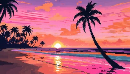 pixel sunset on the beach with palm trees