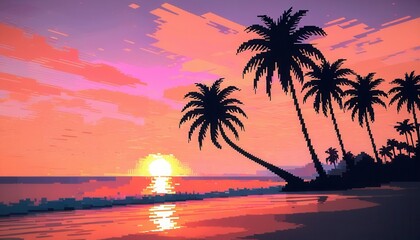 pixel sunset on the beach with palm trees