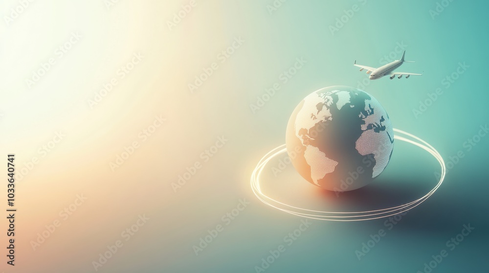 Poster An airplane departs from a minimalist globe, creating a trail as it represents the excitement of global travel and adventure. Generative AI