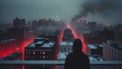 a man stands on a roof and looks at the night city glowing with red lights