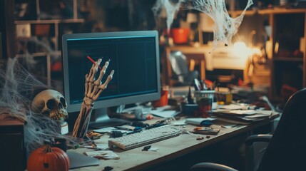 Eerie Office Desk with Fake Severed Hand