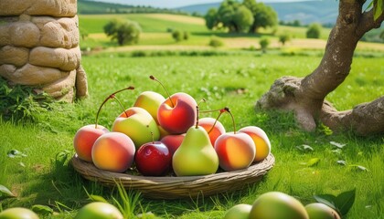 juicy fruits lie on a plate on green grass