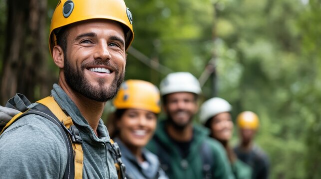 A joyful man in a safety helmet poses for a photo, preparing for an exhilarating zipline experience in the forest with friends, embodying excitement and adventure.