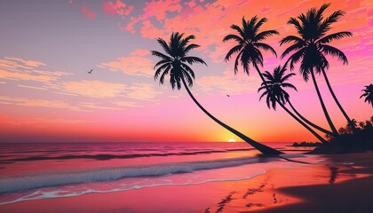 pixel sunset on the beach with palm trees