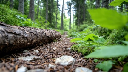 Fototapeta premium A serene forest trail is lined with tall trees and rich foliage, inviting visitors to experience a peaceful walk through nature's untouched beauty and calm.