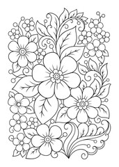 Outline floral pattern in mehndi style for coloring book page. Antistress for adults and children. Doodle ornament in black and white. Hand draw vector illustration.