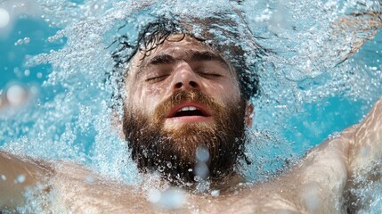 A bearded man is submerged in water with his eyes tightly shut and arms raised, a clear representation of relaxation and serenity in a pool setting.