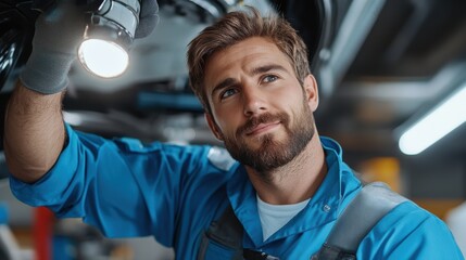 A cheerful mechanic in blue coveralls inspects a vehicle with dedicated focus, showcasing a positive attitude and high professionalism in the workshop.