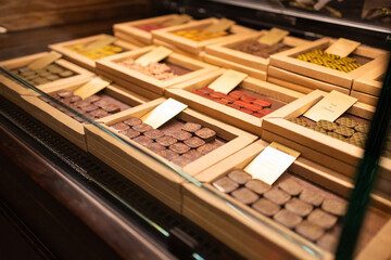 Assortment of chocolates in store display