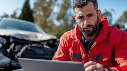 A concentrated emergency responder uses a laptop to evaluate car damage at an accident scene, highlighting the integration of technology and on-site assessment in crisis management.
