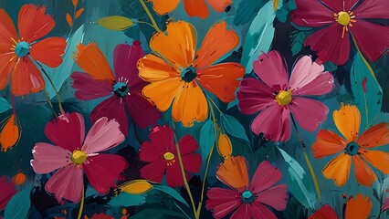 A hand-painted abstract floral design with vibrant blossoms in bold colors like fuchsia, orange, and teal, featuring loose brushstrokes for an artistic and expressive background.