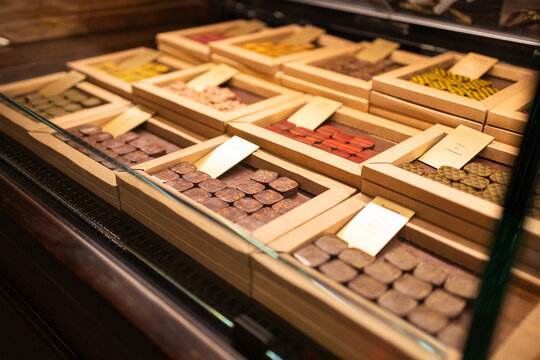 Assortment of chocolates in store display